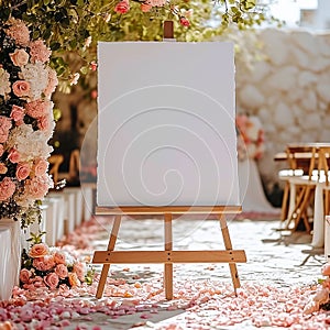 Wedding Sign Vertical. Wedding Board Mockup with pink flowers blossom