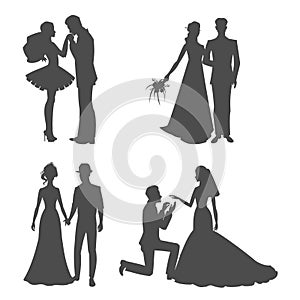 Wedding silhouette black picture of bride and bridegroom holding hands vector illustration. Silhoette of newly married