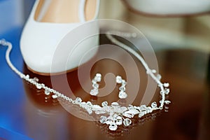 Wedding silver jewelry and bride shoes