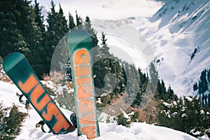 Wedding snowboards at mountain. Just Married
