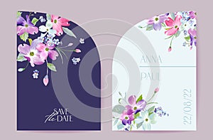 Wedding spring blooming floral vector card. Dogwood blossom flowers invitation. Watercolor template frame