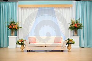 wedding stage with white curtains, love seat, and floral arrangements