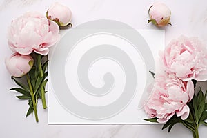 Wedding stationery mock up scene. White blank paper for invitations and greeting card with pastel pink peonies flowers composition