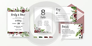 Wedding stationery set. Invite, invitation card, rsvp, table number, details. Vector watercolor floral design: red Ranunculus