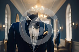 Wedding suit and bow tie on a mannequin in the room