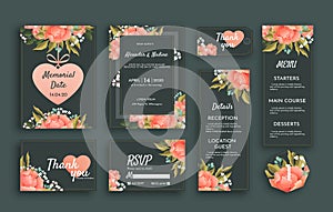 Wedding suite template decorate with beautiful lowers. Including memorial date card, invitation card, wedding menu