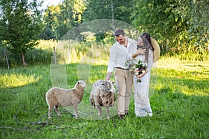 Wedding on the sunset. Bride and groom in boho style.