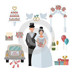 Wedding symbols bride bridegroom married couple, marriage car fat vector illustration.