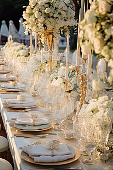 wedding table adorned with a rich and opulent arrangement, radiating elegance and glamour.