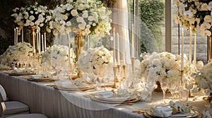 wedding table adorned with a rich and opulent arrangement, radiating elegance and glamour.