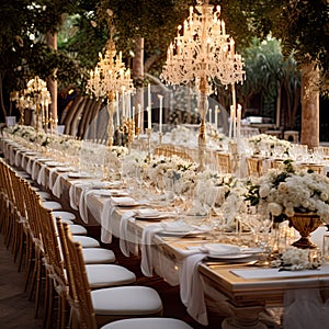 wedding table adorned with a rich and opulent arrangement, radiating elegance and glamour.