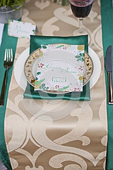 Wedding table arrangement in resaurant photo