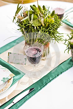 Wedding table arrangement in resaurant photo