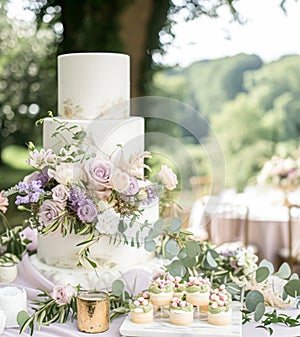 Wedding table decoration with lavender flowers, sweets and cake