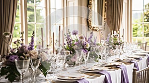 Wedding table decoration with lavender flowers, sweets and cake