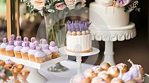 Wedding table decoration with lavender flowers, sweets and cake