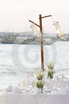 Wedding table decoration in restaurnat on beach