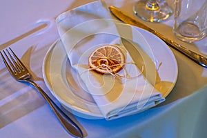 Wedding table decorations with dried orange