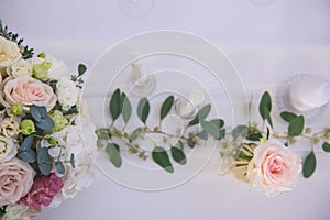 Wedding table with flowers and decorations, wedding or event reception