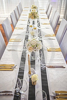 Wedding table with flowers and decorations, wedding or event reception