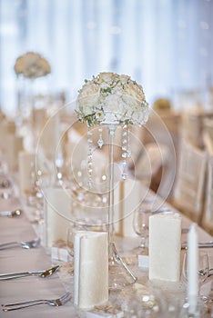 Wedding table with flowers and decorations, wedding or event reception