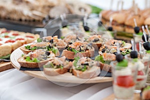 Wedding Table With Food. Snacks and Appetizer on the Table. Bread with Fish and Raw Meat with Vegetables.