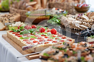 Wedding Table With Food. Snacks and Appetizer on the Table. Fish and Raw Meat with Vegetables.