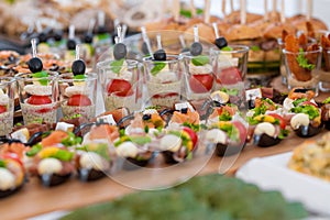 Wedding Table With Food. Snacks and Appetizer on the Table. Fish and Raw Meat with Vegetables.