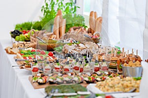 Wedding Table With Food. Snacks and Appetizer on the Table. Fish and Raw Meat with Vegetables.