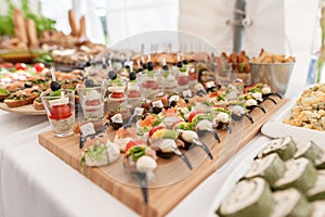 Wedding Table With Food. Snacks and Appetizer on the Table. Fish and Raw Meat with Vegetables.