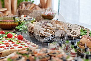 Wedding Table With Food. Snacks and Appetizer on the Table. Fish and Raw Meat with Vegetables. Bacon Meat in Focus.