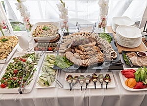 Wedding Table With Food. Snacks and Appetizer on the Table. Fish and Raw Meat with Vegetables. Sliced Bacon Meat.