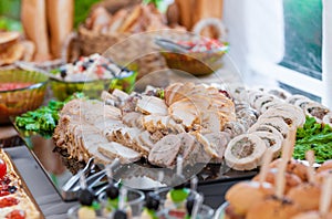 Wedding Table With Food. Snacks and Appetizer on the Table. Fish and Raw Meat with Vegetables. Sliced Bacon Meat.