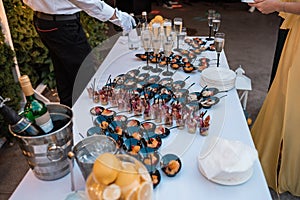 Wedding table with glass objects and a lot of cold snacks on buffet table, catering