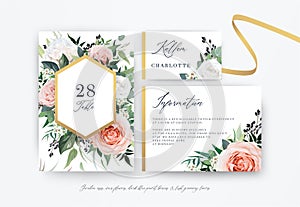 Wedding table number, place card, details, with blush peach, dusty pink, white Rose flowers, green Eucalyptus leaves, berry