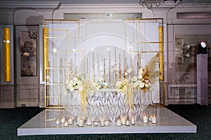 Wedding table in the restaurant hall.