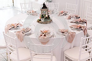 Wedding table service for reception of guests. Decoration in rustic style