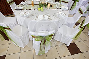 Wedding table set with decoration for fine dinning or another catered event
