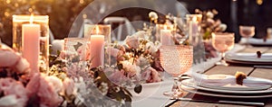 Wedding table set for festive dinner decorated with flowers and burning candles