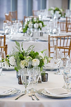 Wedding table set for fine dining at a fancy catered event - wedding table series