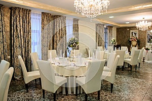 Wedding table setting in a banquet hall