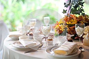 Wedding table setting. Banquet table decoration