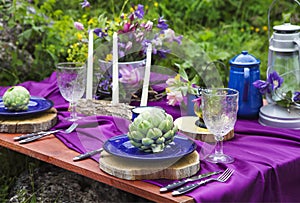Wedding table setting decorated in rustic style