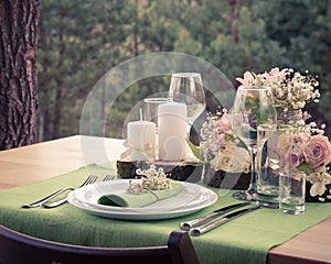 Wedding table setting in rustic style.