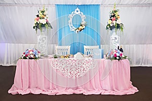 Wedding table for two. Decoration in restaurnt. Indoor