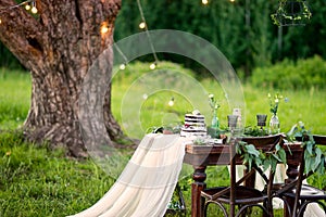 Rustic wedding table for two in the field at the pine tree. Chairs and honeymooners table decorated photo