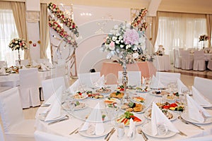 Wedding tables in restaurant. deciration and food