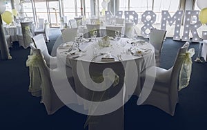wedding tables set out at a wedding venue ready for a wedding breakfast