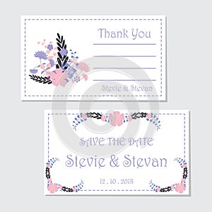 Wedding tag set template with purple and pink flowers