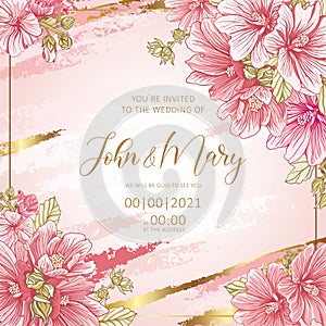 Wedding template romantic women`s floral card, Hollyhocks  flowers